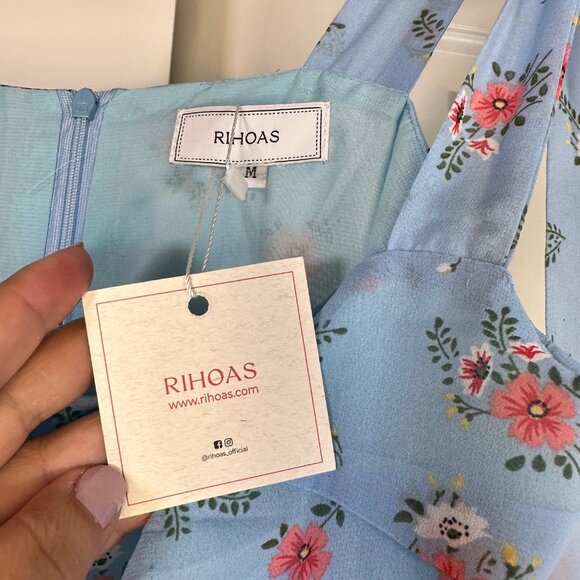 Light Blue Floral Tie Shoulder Slit Midi Dress - NEW - Picture 8 of 16